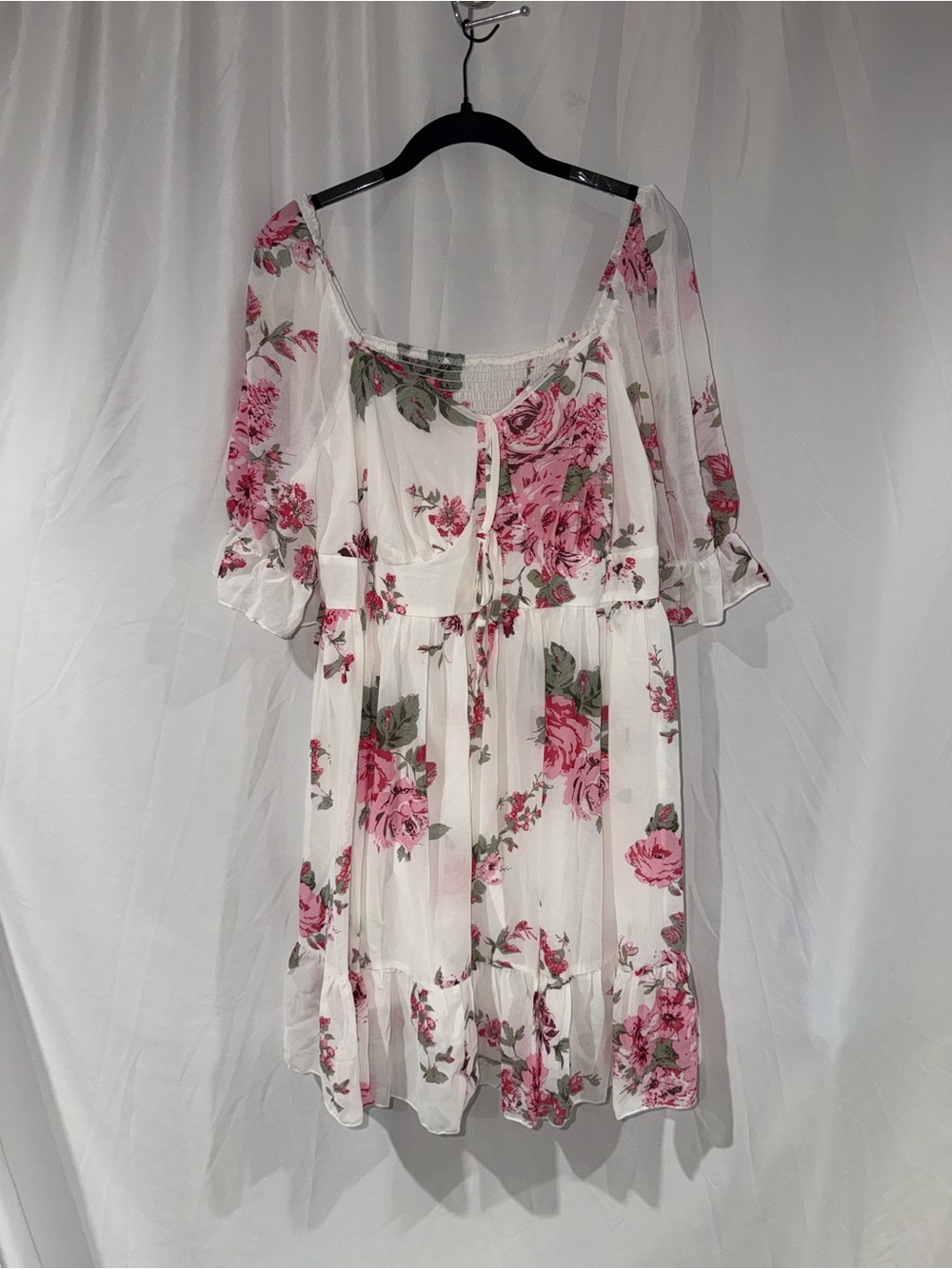 SHEIN Curve Dress Mini Floral Tie Front White Pink Roses Short Sleeve Lined 1XL